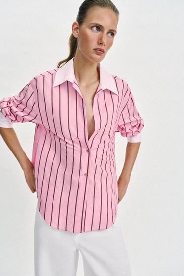 OVERSIZE STRIPED SHIRT WITH CONTRAST CUFFS - Pink / White by Zara