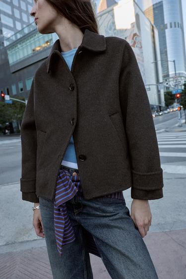 Zara SHORT WOOL BLEND COAT - Dark brown