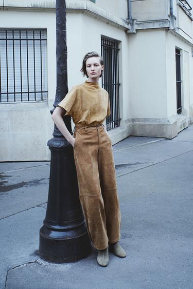 Zara PANTALONE OD 100% KOŽE OD PREVRNUTE KOŽE – žuto-smeđa