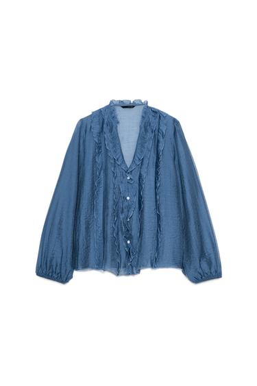 RUFFLED BLOUSE - Blue / Grey by Zara