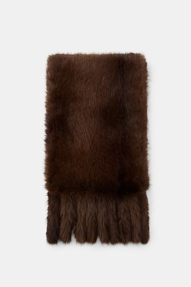 Zara PLAIN FAUX FUR FRINGED SCARF - Brown