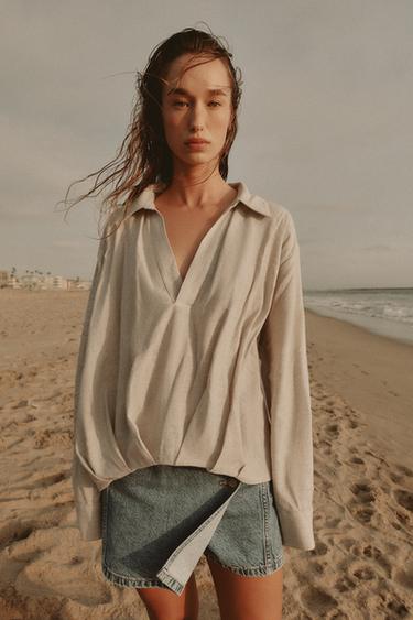 პერანგი სელნარევი ქსოვილი ფართო ბოლო - Zara-ს Light beige