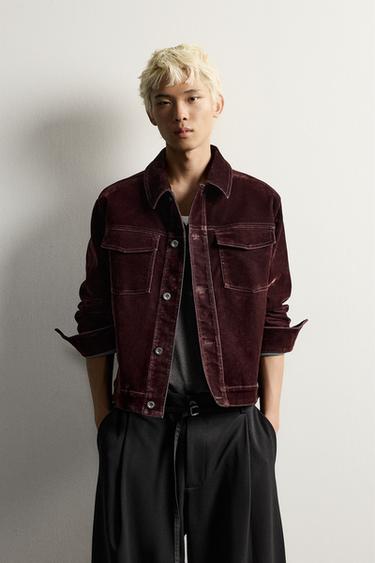 FLOCKED DENIM CROPPED JACKET — Burgundy 2