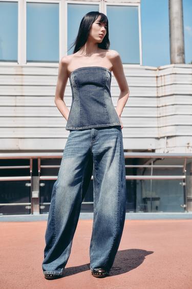 Zara TRF 高腰加大版型燈籠牛仔褲 - 海藍色