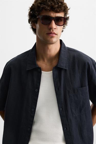 COTTON/LYOCELL JACQUARD SHIRT - Navy blue by Zara - Image 4