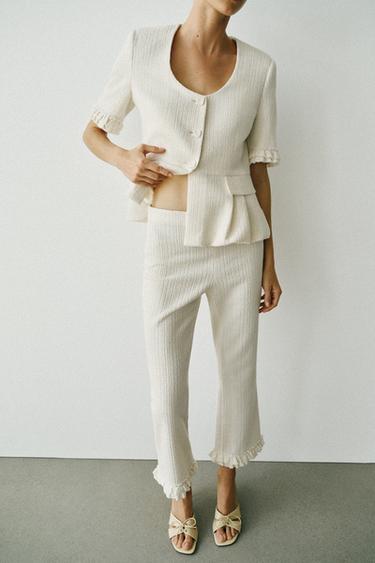 Zara MINI FLARE RUFFLED PANTS - Ecru