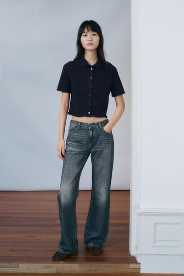 Zara 短袖針織開襟衫 - 海藍色