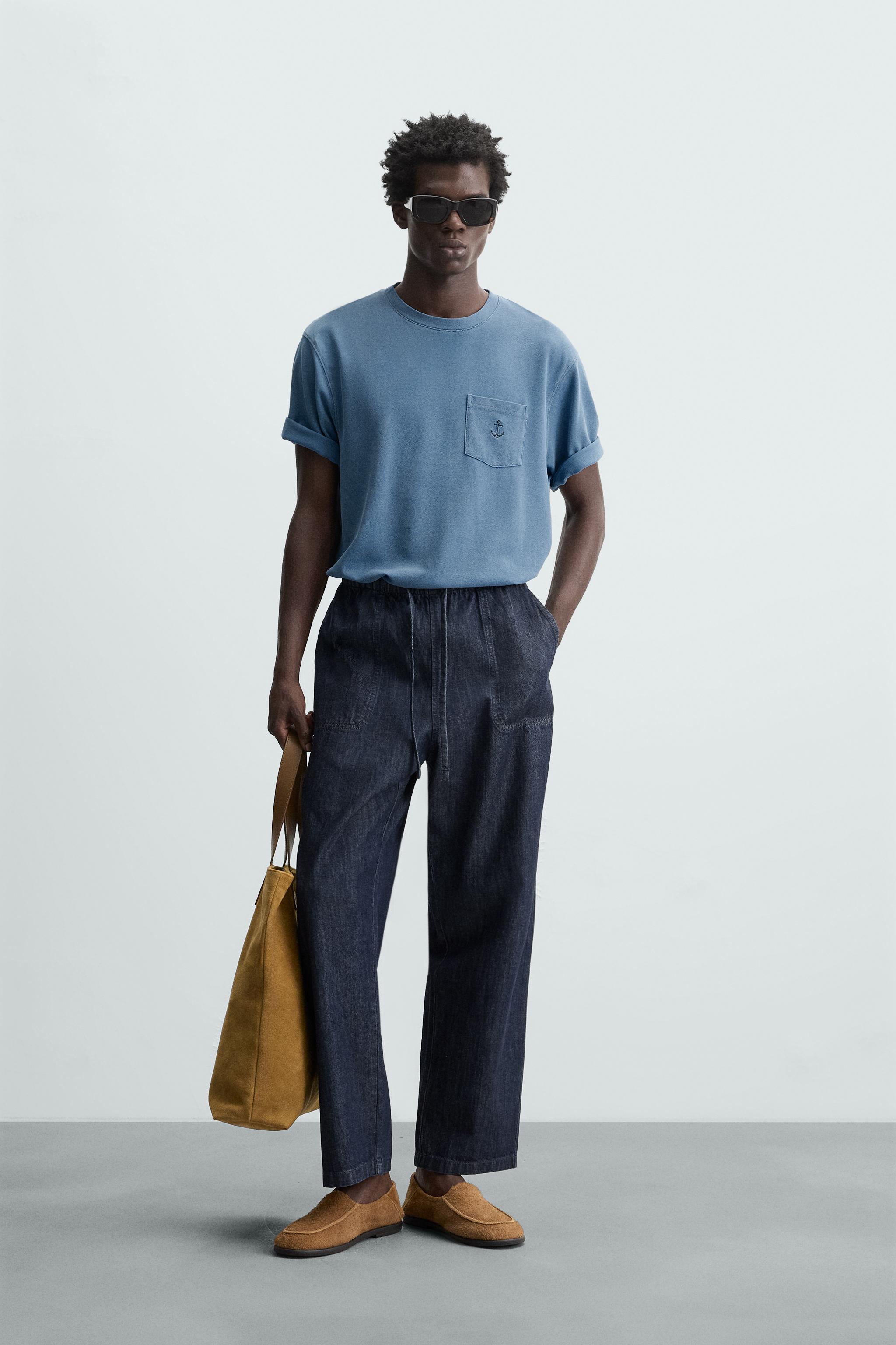 CAMISETA DE PIQUÊ BORDADA - Azul-lavado | ZARA Brasil