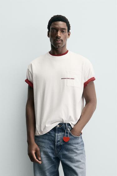 Zara TEXT PRINT POCKET T-SHIRT - White