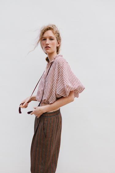 STRIPED TOP WITH TASSEL TIES - Ecru / Maroon by Zara - Image 3