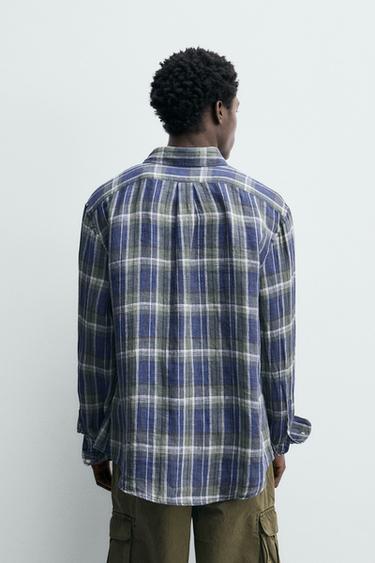 100% LINEN CHECKED SHIRT - Blues by Zara - Image 2