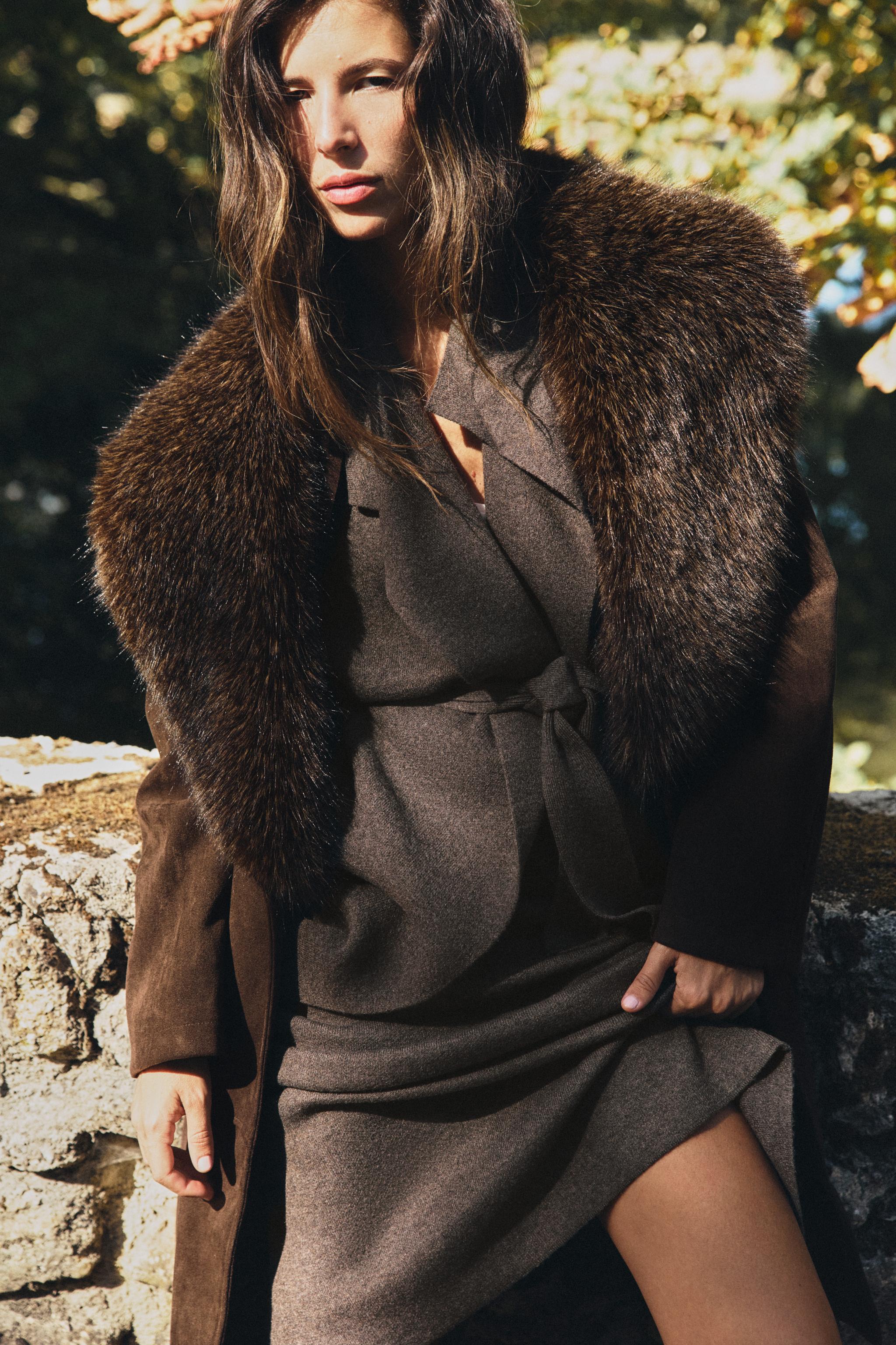 FAUX FUR COLLAR BELTED COAT