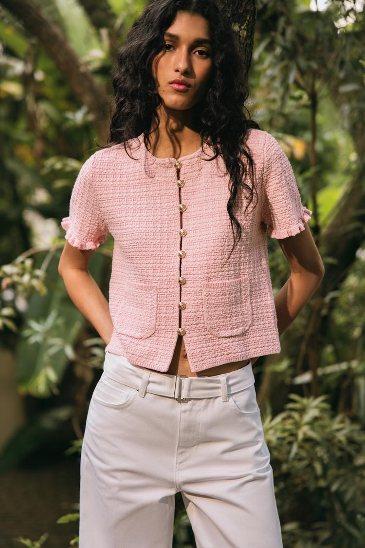 CARDIGAN IN MAGLIA CON VOLANT Rosa ZARA Italia Italy