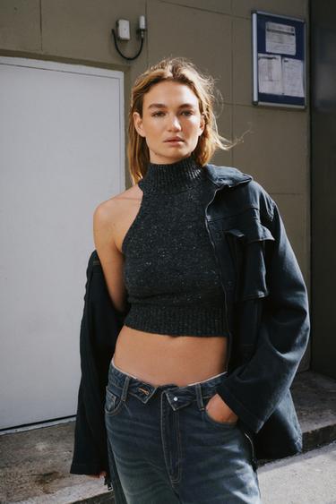 TOP HALTER ME LESH - Gri e errët nga Zara