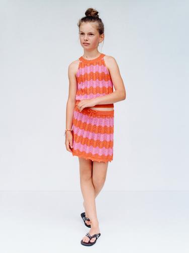 Zara STRIPED CROCHET KNIT SKIRT - Neon orange