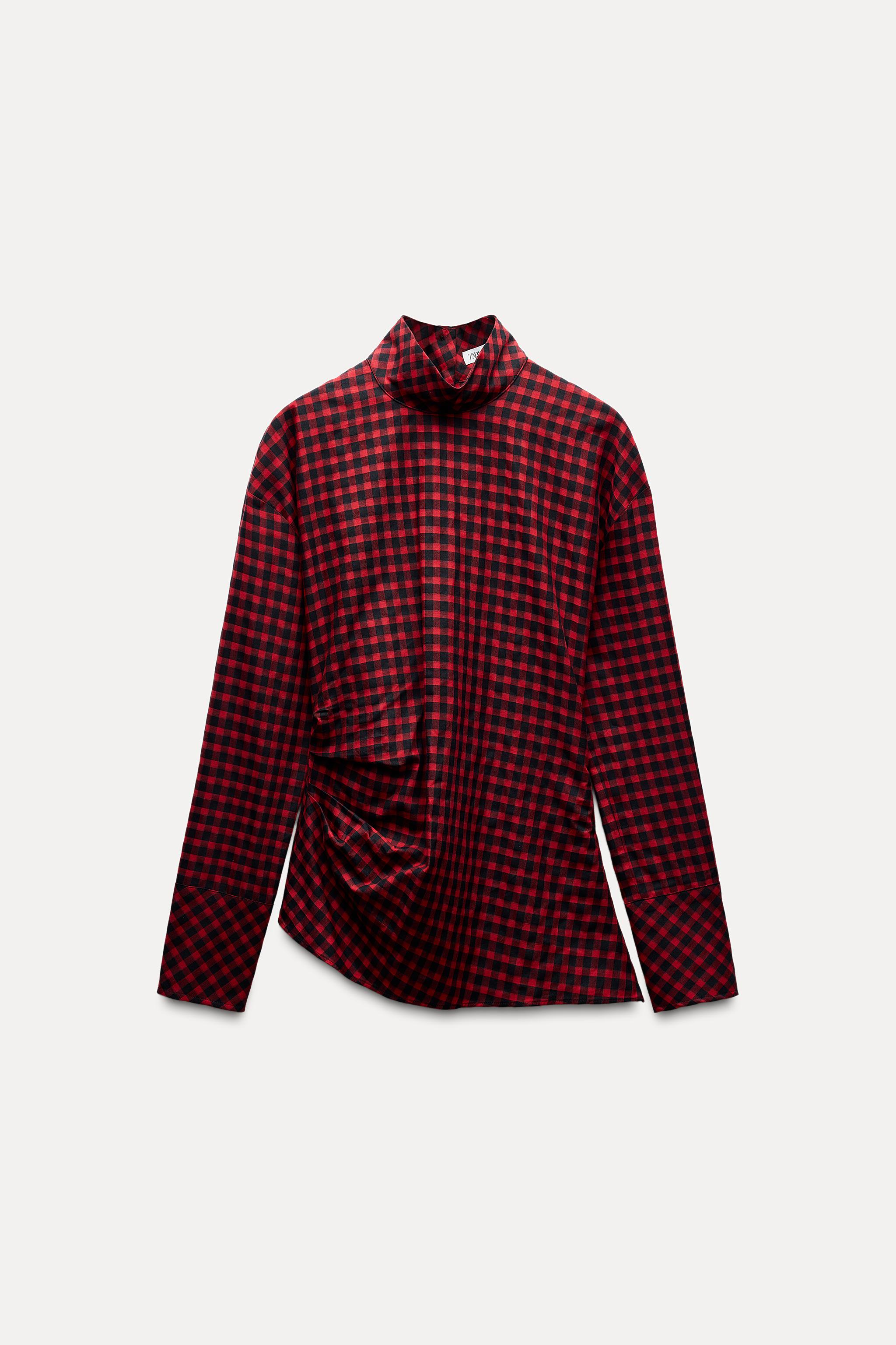 CHECKERED RUCHED BLOUSE ZW COLLECTION - Red / Black | ZARA