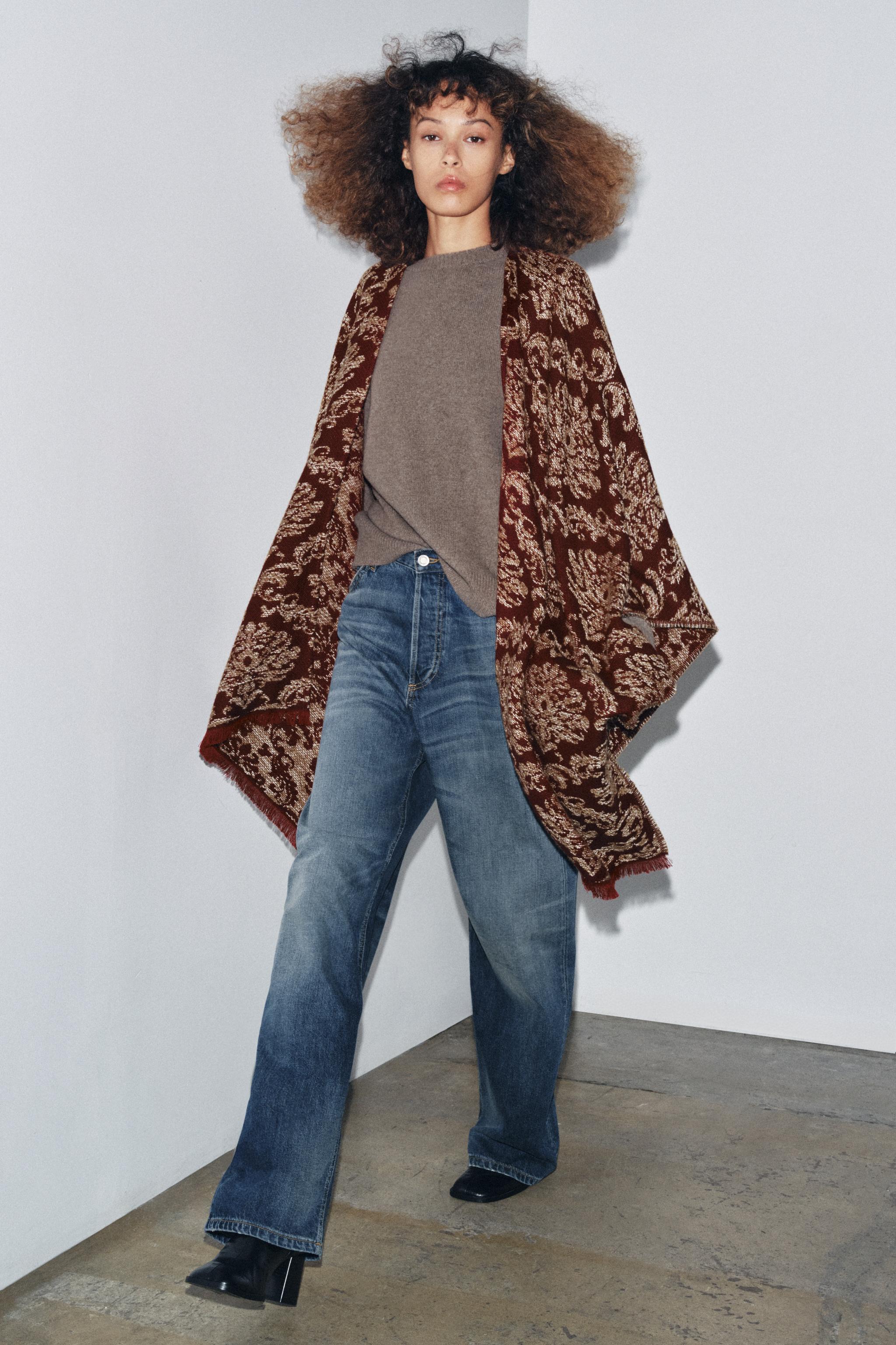 ☆maron☆！ JACQUARD LONG CAPE - Maroon | ZARA United States