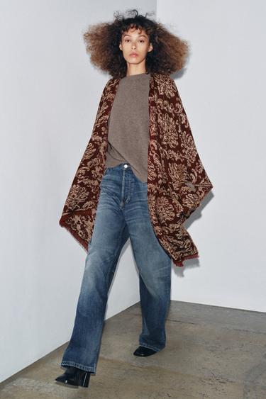 Zara 提花長版斗篷 - 暗紅色