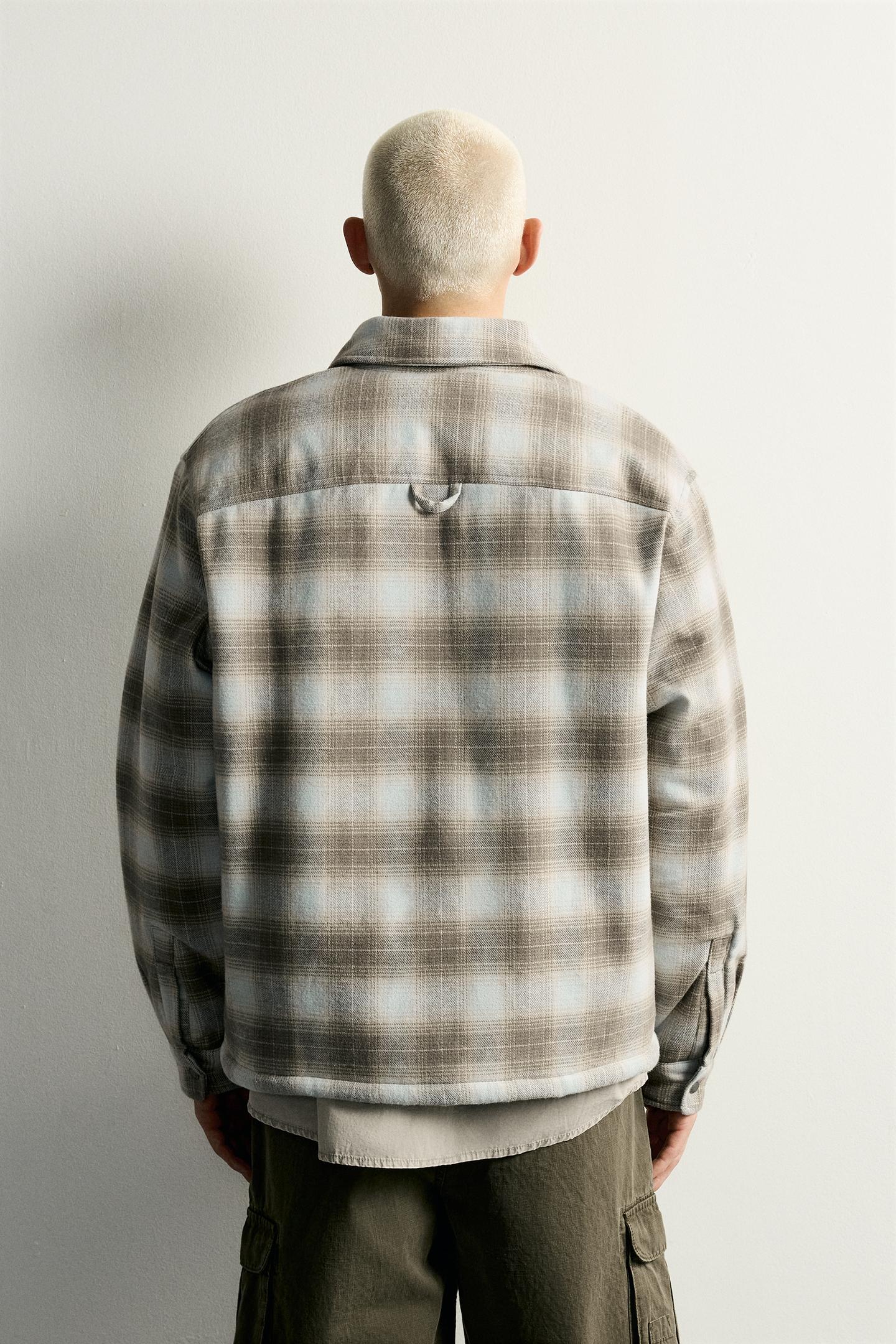 Мужская рубашка Zara Plaid Sherpa-Lined Overshirt, цвет: Серый / Рыжевато-коричневый — фото 3