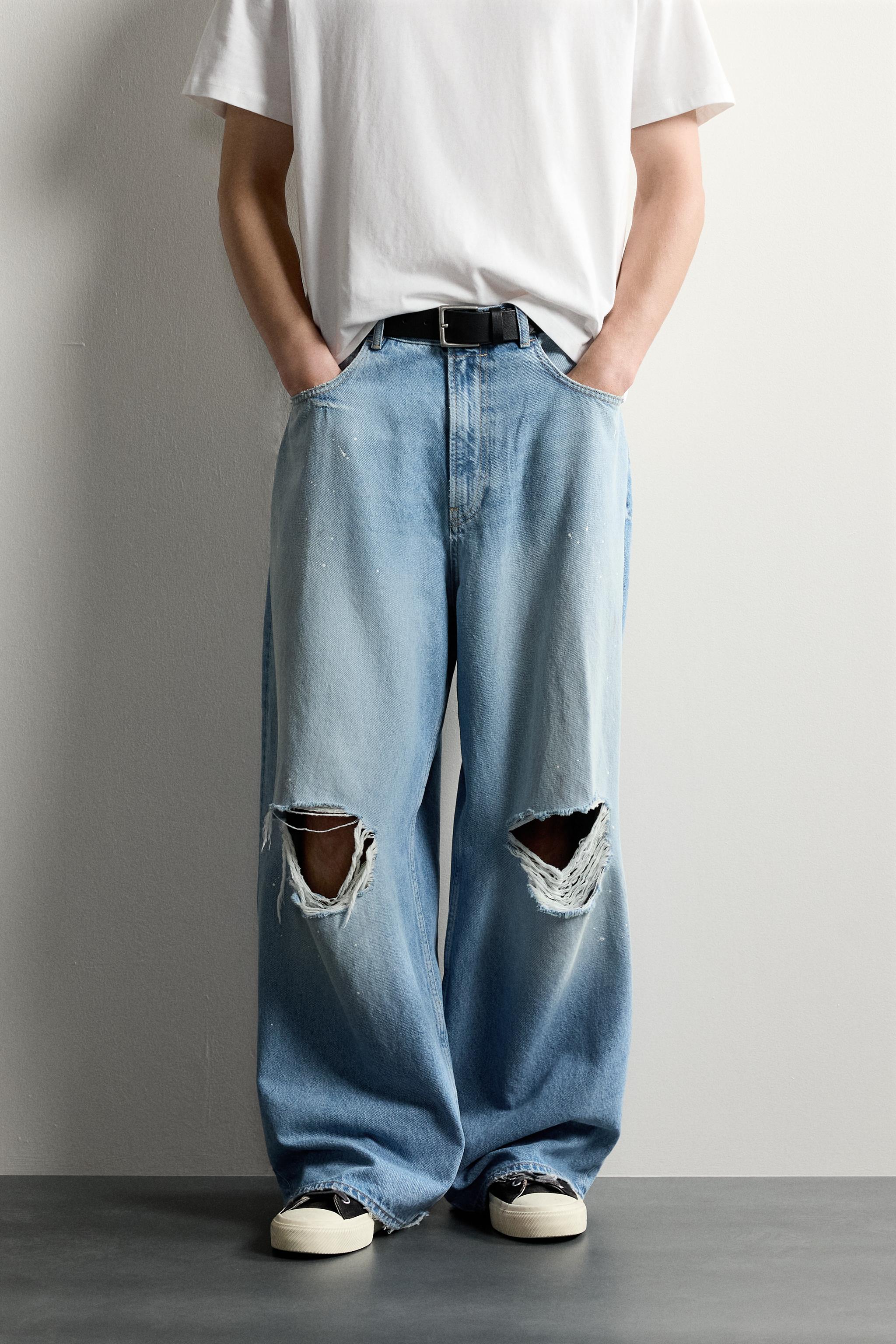 RIPPED BAGGY FIT JEANS — Blue