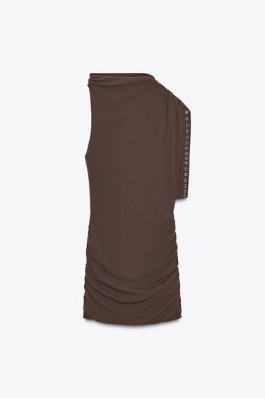 ROBE COURTE ASYMÉTRIQUE ŒILLETS - Chocolat de Zara - Image 1