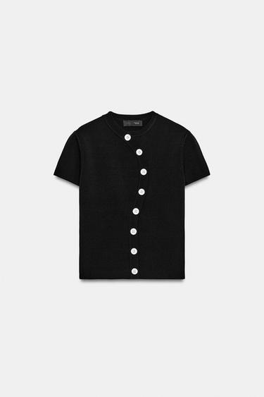 アシンメトリーボタンニットトップスブラックZaraのアシンメトリーボタンニットトップス - ブラック 