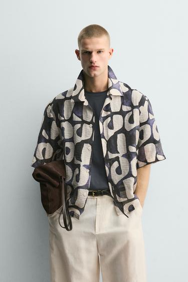 Zara KOŠULJA S GEOMETRIJSKIM UZORKOM – tamnomornarsko plava