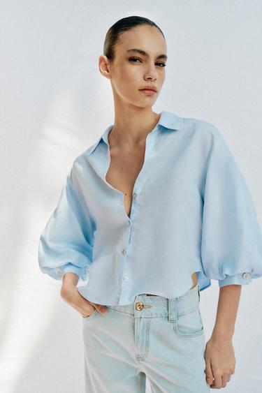 LINEN BLEND PUFF SLEEVE SHIRT - Sky blue by Zara