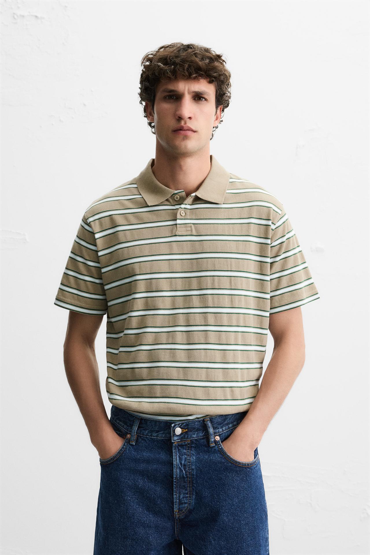 Zara STRIPED PIQUÉ POLO SHIRT - taupe brown