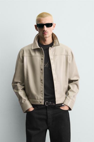 Zara 仿漆皮襯衫式外套 - 淺卡其色
