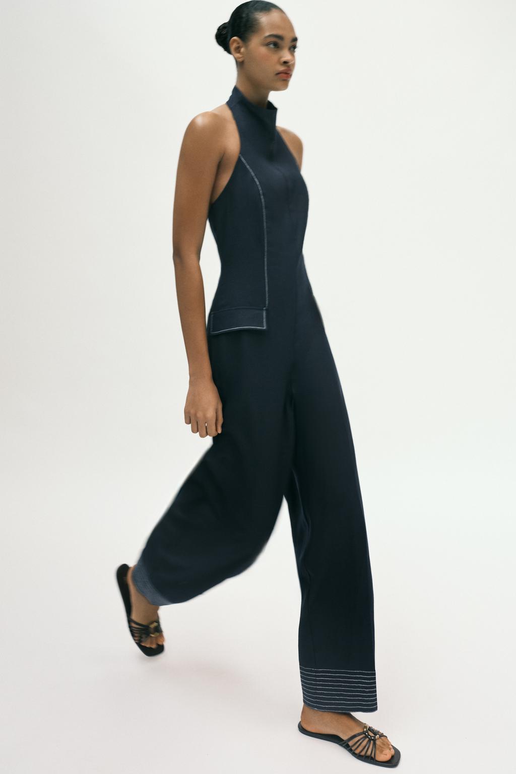 LINEN HALTER JUMPSUIT WITH CONTRAST TOPSTITCHING