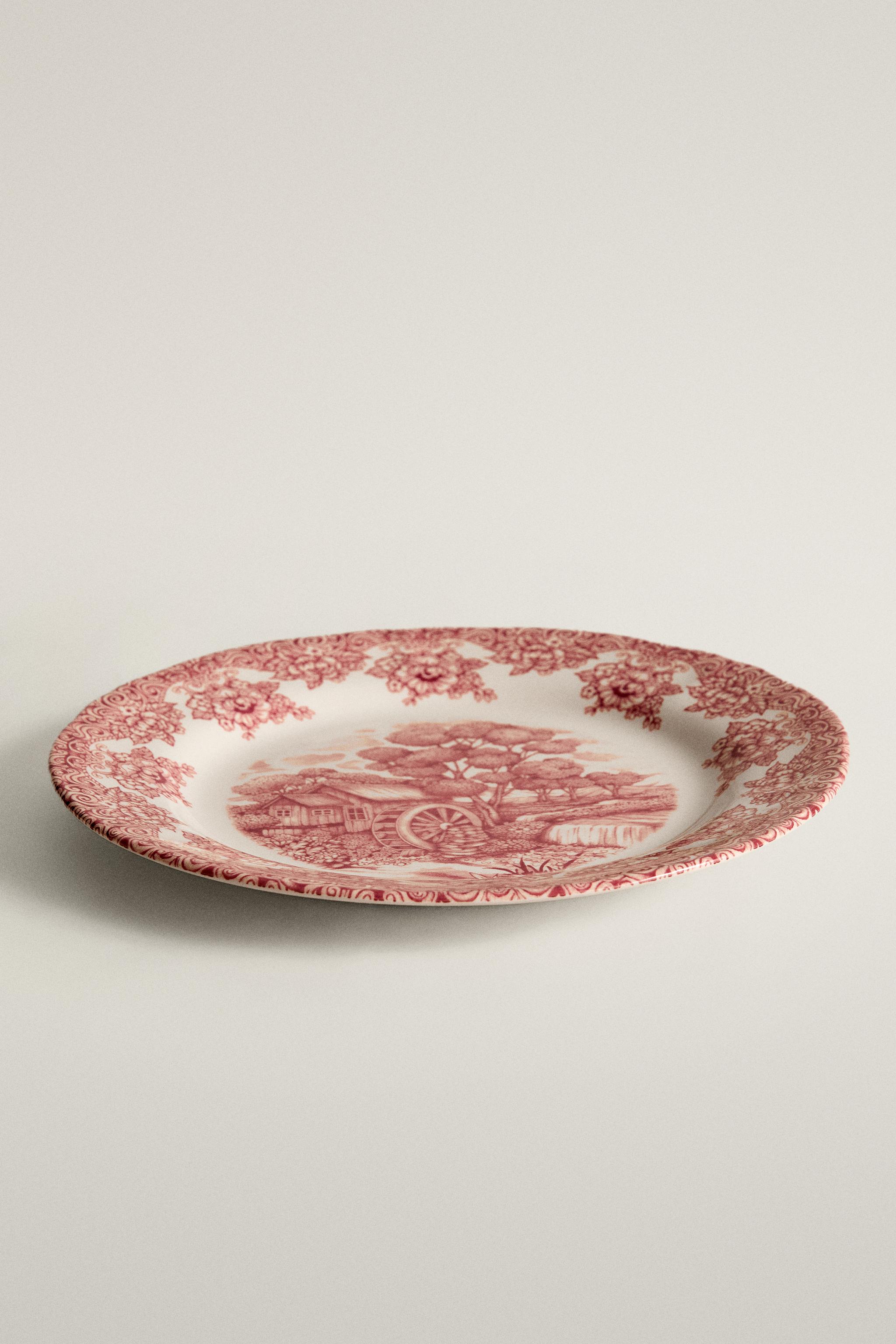 EARTHENWARE DINNER PLATE WITH FLOWERS AND LANDSCAPE