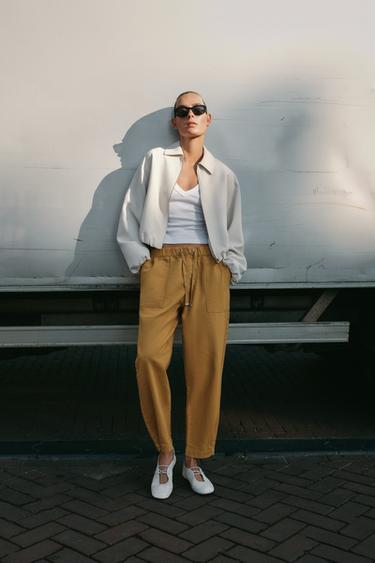 Zara 鈕扣褲腳慢跑長褲 - 芥末色