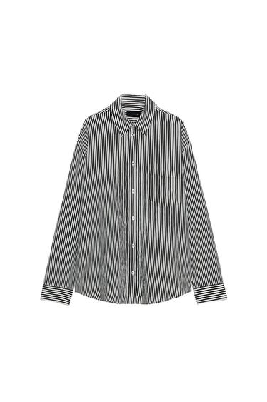 Front view of a striped shirt with a shirt collar, long sleeves, patch pocket, and front button fastening.