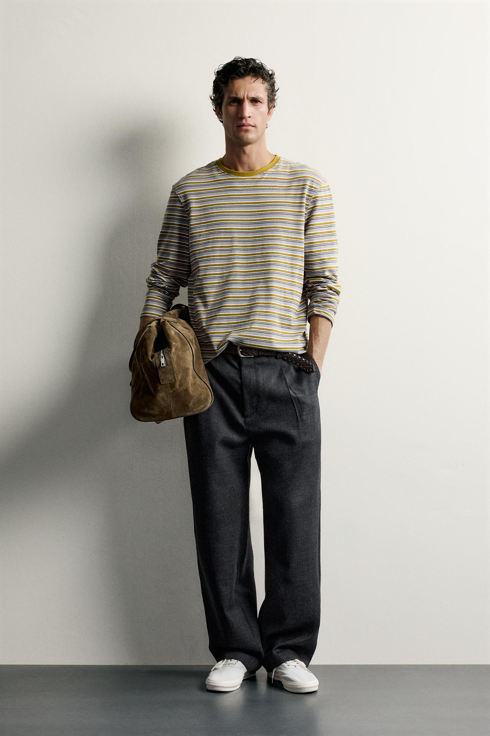 Regular Fit Striped Jacquard T-Shirt - Olive green | ZARA United