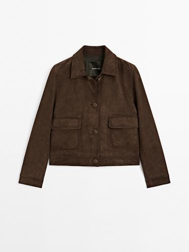 Zara Cropped suede leather-lined jacket with buttons - Brown
