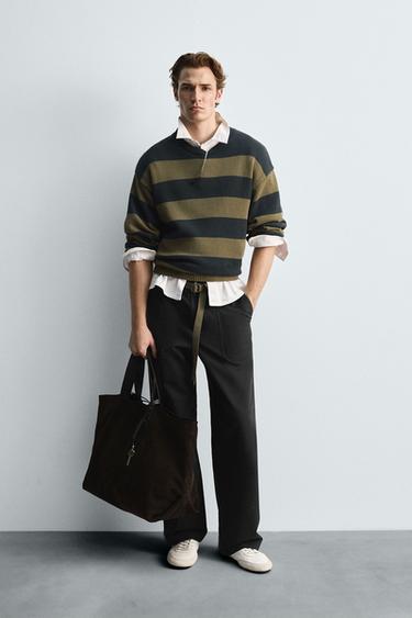 Zara STRIPED JACQUARD SWEATER - Navy blue
