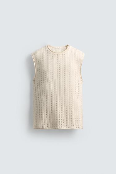 Zara SLEEVELESS OPENWORK T-SHIRT - Oyster-white