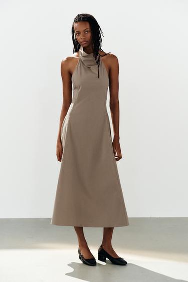 Zara BUCKLE HALTER MIDI DRESS - Brown / Taupe