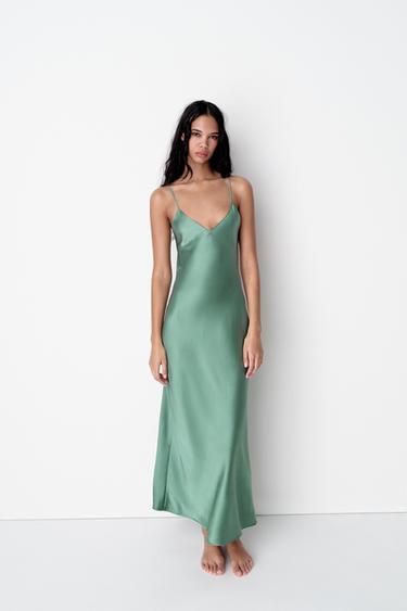 АТЛАСНОЕ ПЛАТЬЕ-КОМБИНАЦИЯ МИДИ — ЗЕЛЕНЫЙ от Zara — изображение 0
