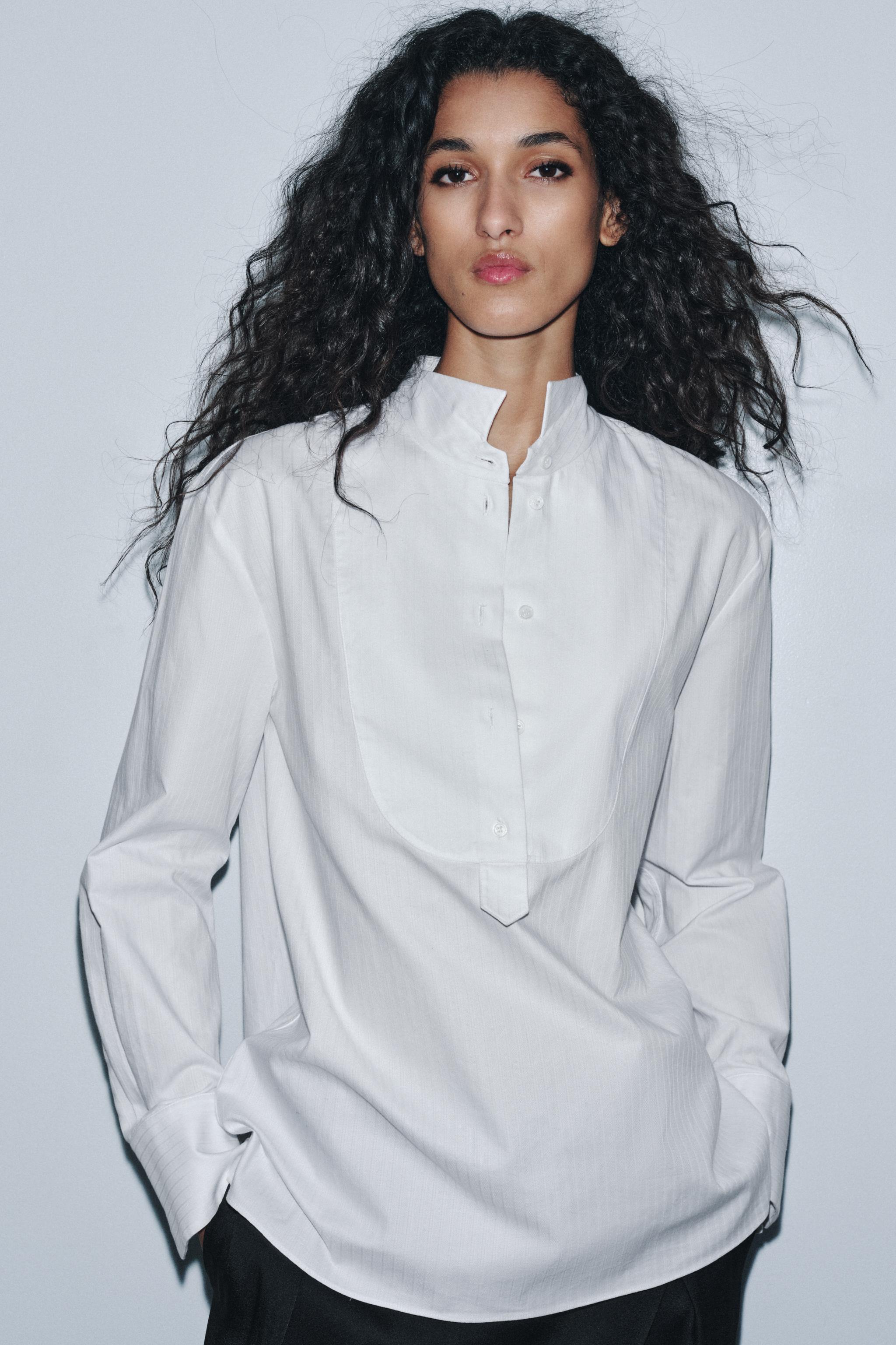 ZW COLLECTION POPLIN SHIRT WITH BIB DETAIL - White | ZARA India