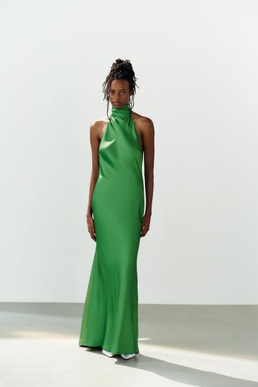 LONG SATIN DRESS WITH TIE - Emerald by Zara