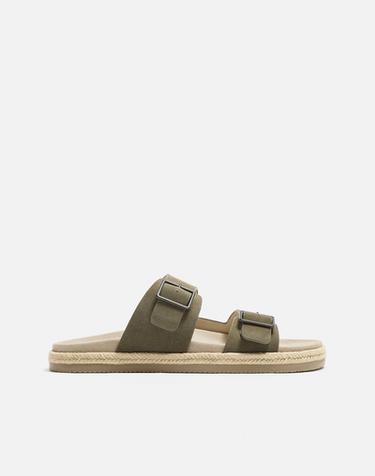 DOUBLE STRAP LEATHER SANDALS - Khaki Green by Zara