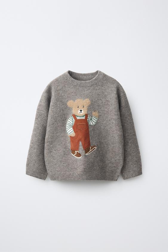 EMBROIDERED BEAR KNIT JUMPER - Taupe grey by Zara - Image 0