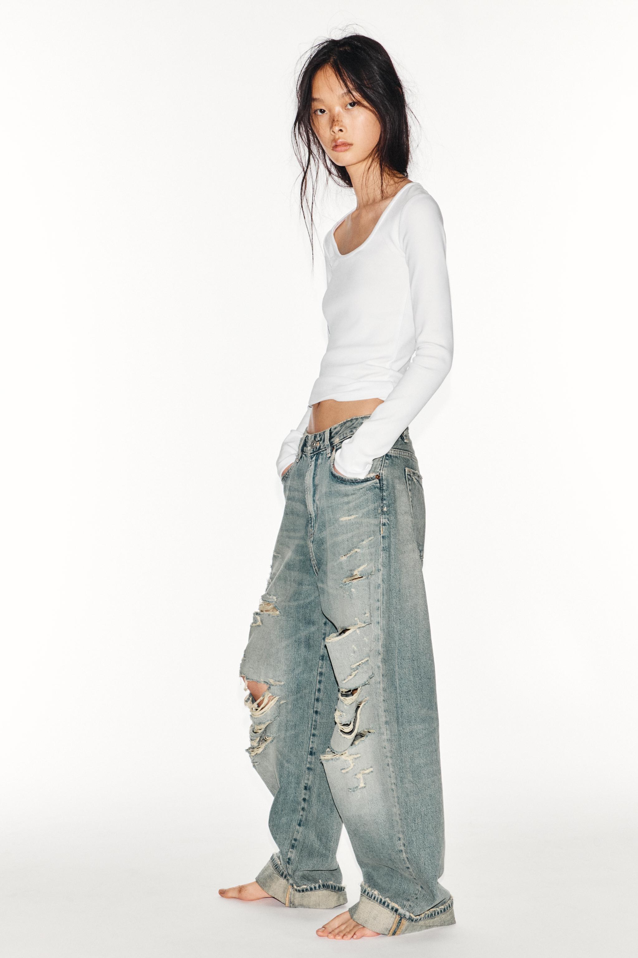 TRF MID-RISE RIPPED BAGGY FOLDED JEANS
