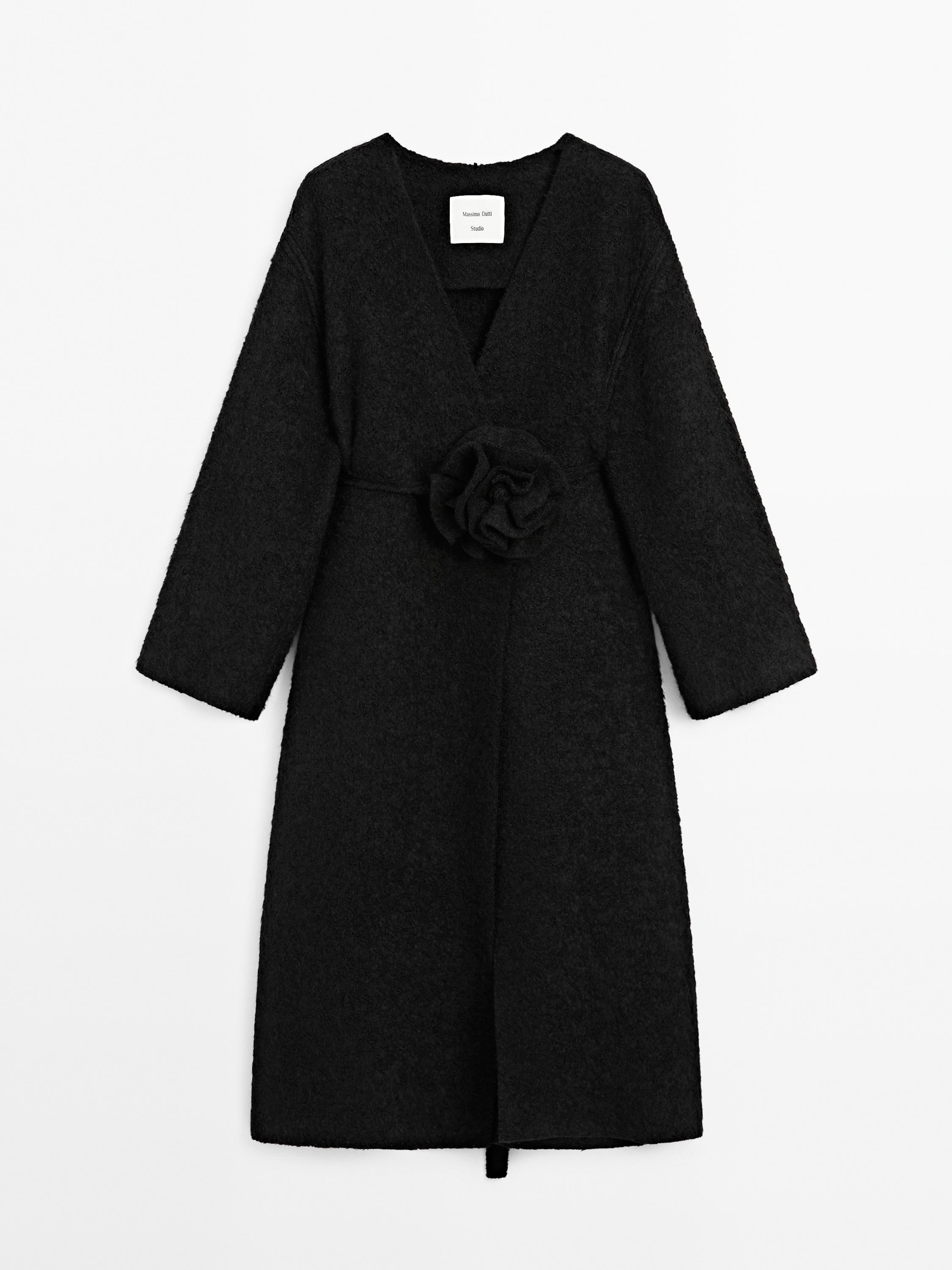 Alpaca blend coat with flower tie - Studio - Black | ZARA