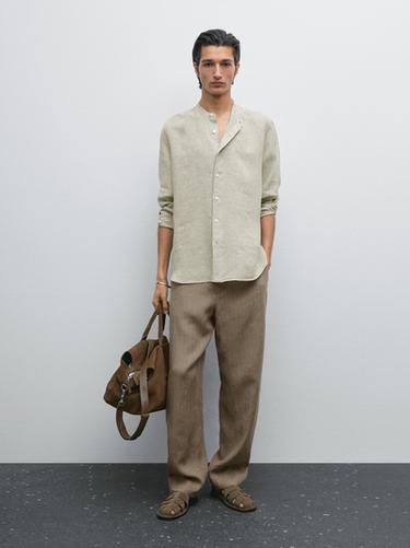 Zara 100% linen striped shirt with stand collar - Green