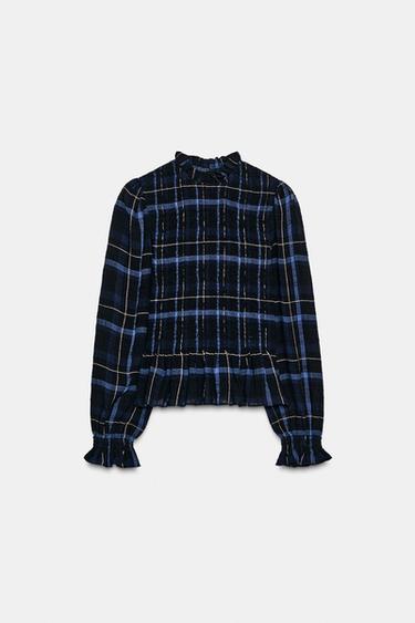 SMOCKED CHECK TOP - Blue / Navy by Zara
