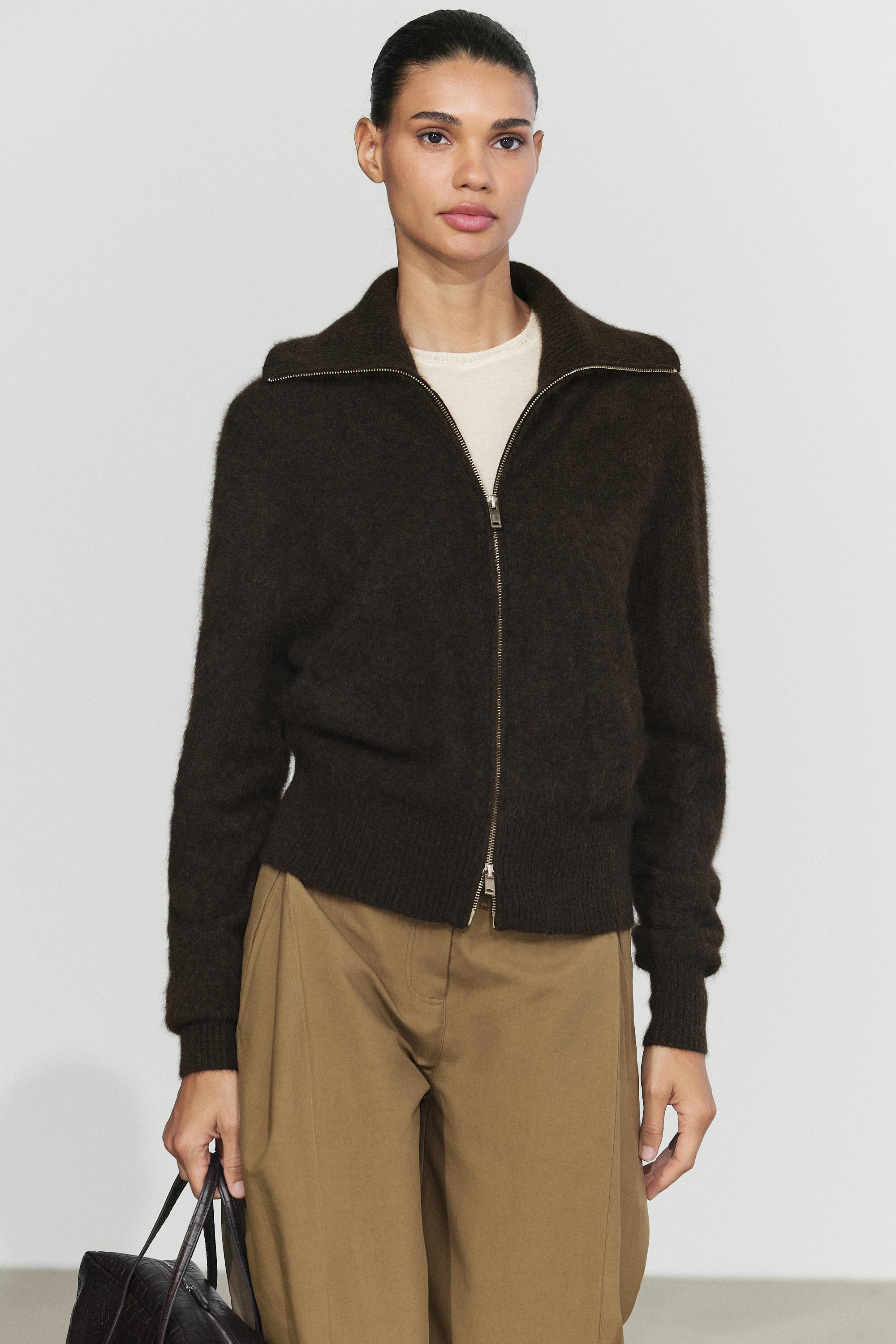 Brushed high-neck knit cardigan