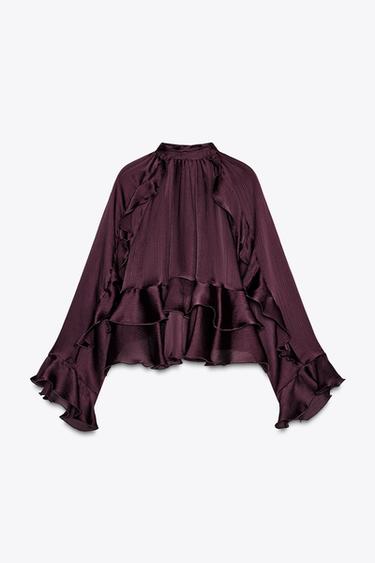 Zara RUFFLED BLOUSE - Burgundy